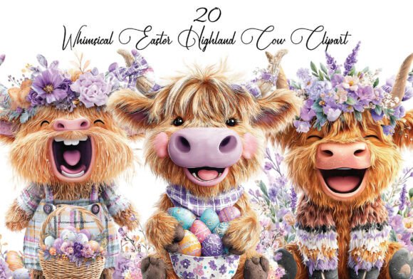 Download Whimsical Easter Highland Cow Clipart - Premium Bundle
