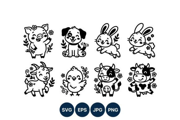 Download Cute Farm Animals Black White Line Art - Premium Resources